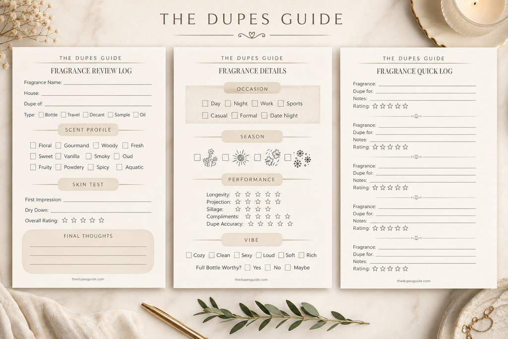 The Dupes Guide Fragrance Review Log Bundle | Printable Perfume Tracker for Testing, Comparing & Organizing Fragrances