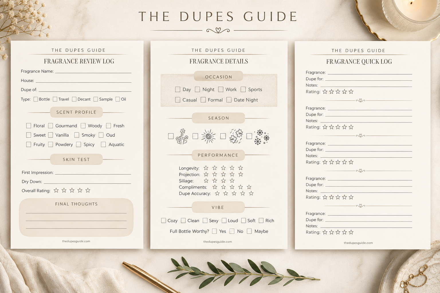 The Dupes Guide Fragrance Review Log Bundle | Printable Perfume Tracker for Testing, Comparing & Organizing Fragrances