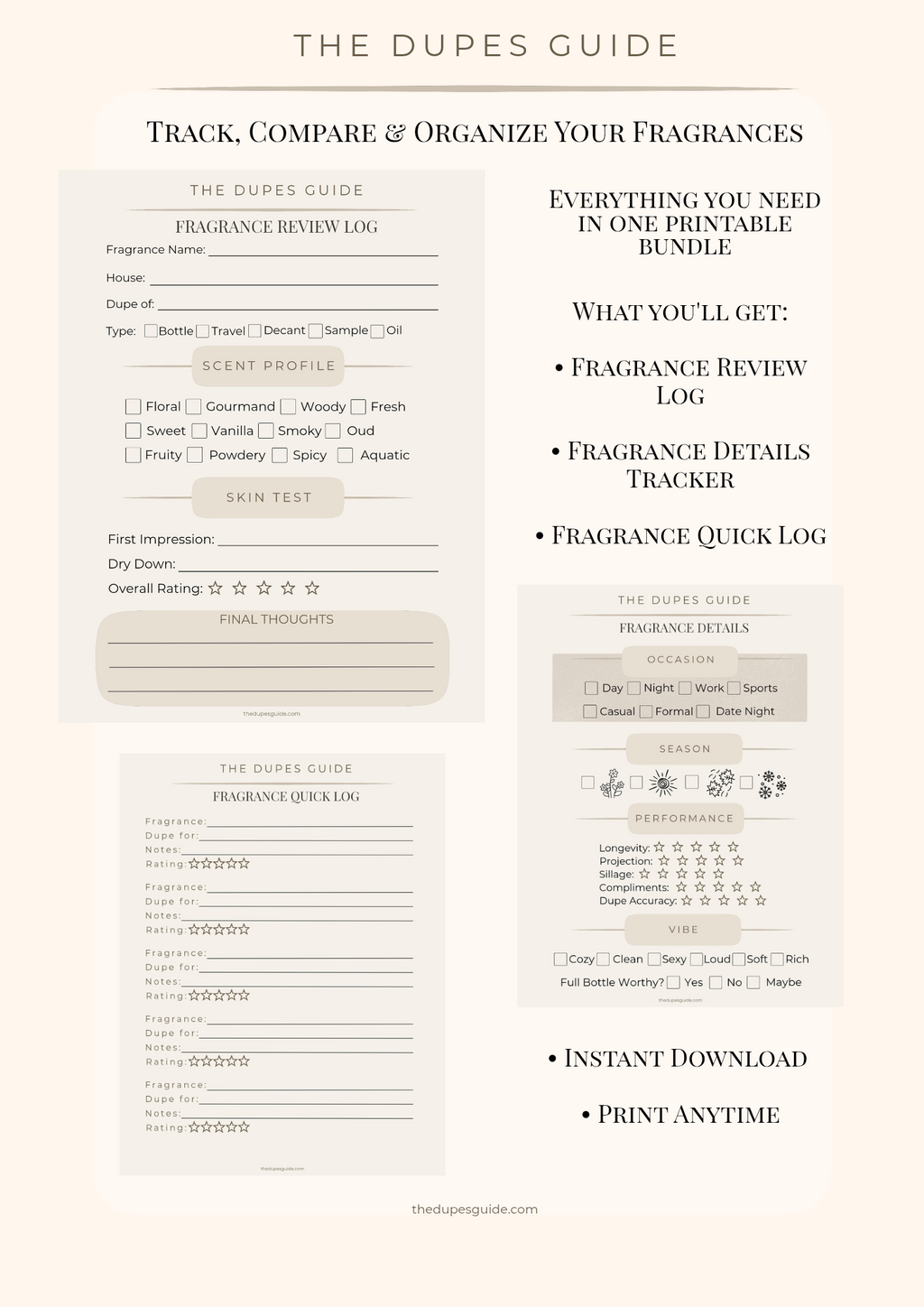 The Dupes Guide Fragrance Review Log Bundle | Printable Perfume Tracker for Testing, Comparing & Organizing Fragrances